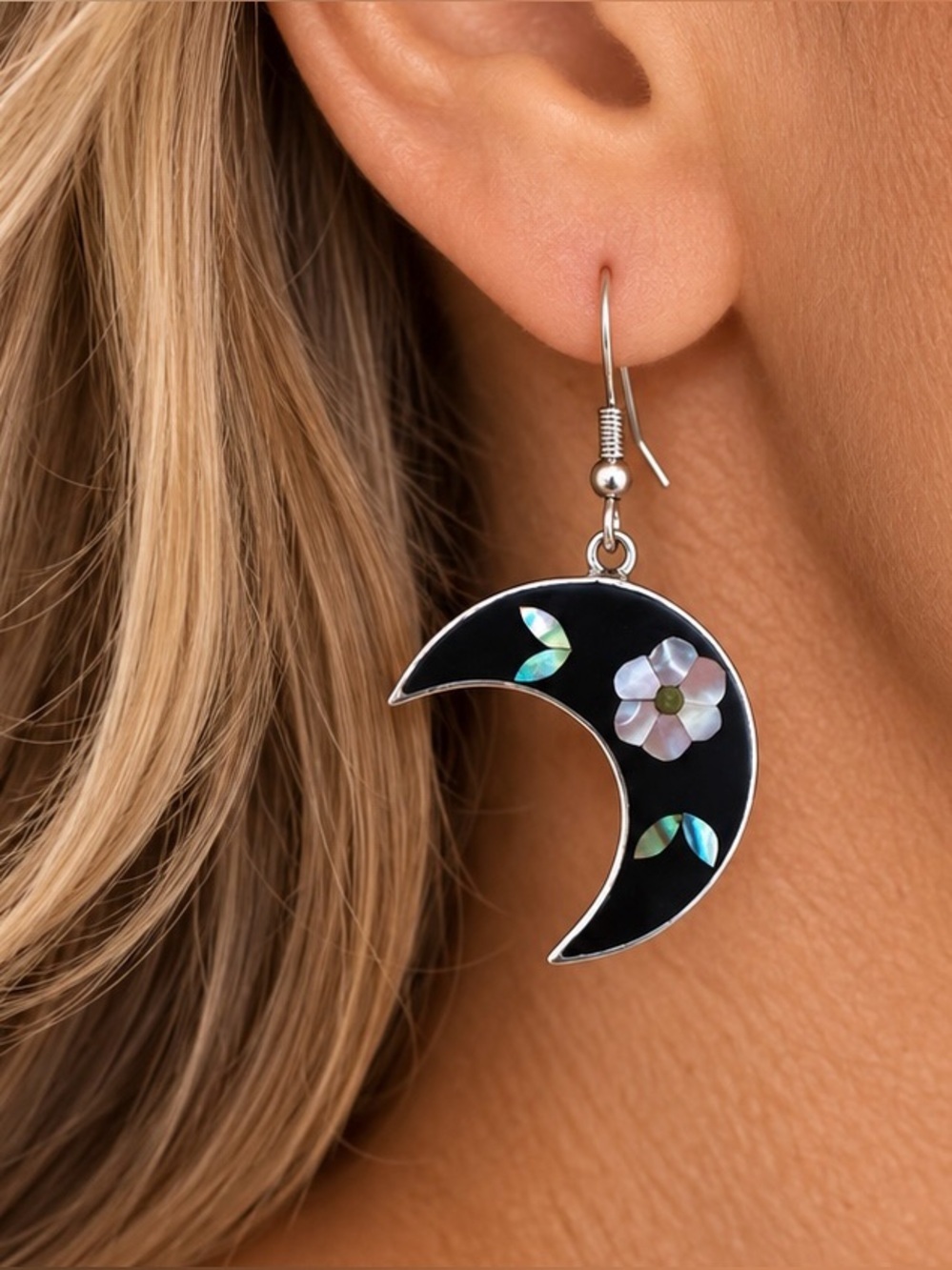 Vintage Mexico Alpaca Silver Inlay Mother of Pearl Dangle Earrings